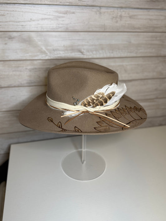 Tan Flat Brim Hat With Floral Engraving