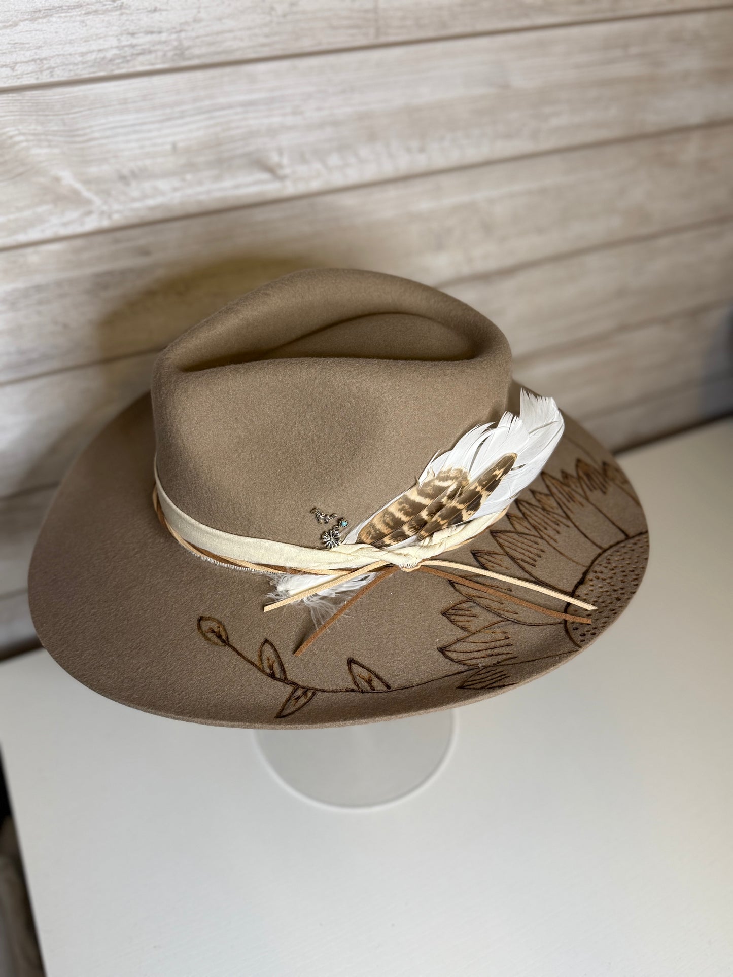 Tan Flat Brim Hat With Floral Engraving