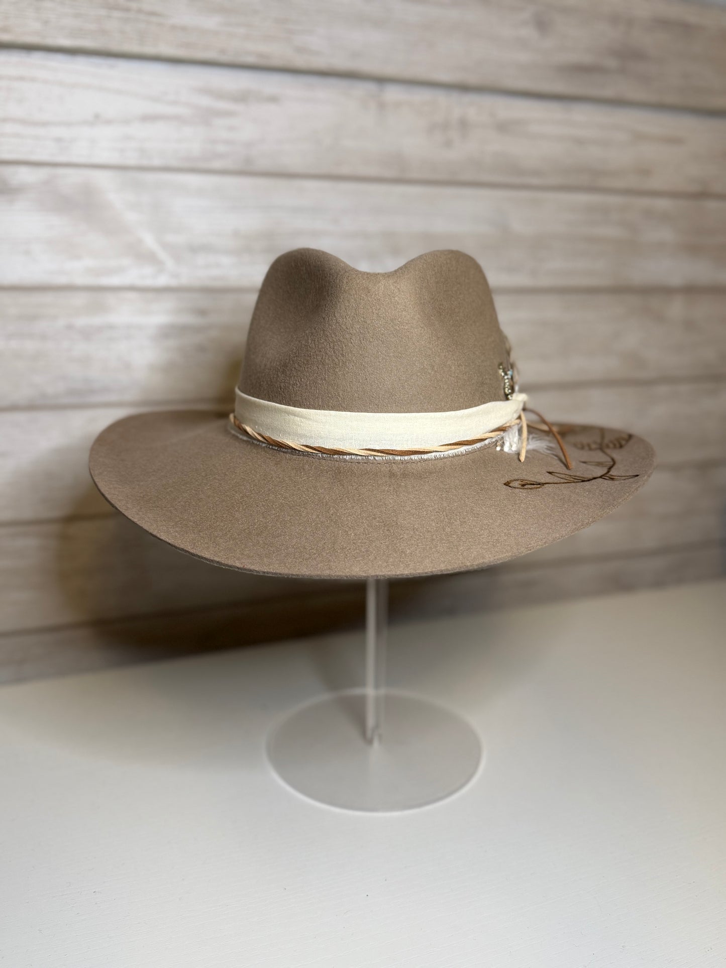 Tan Flat Brim Hat With Floral Engraving