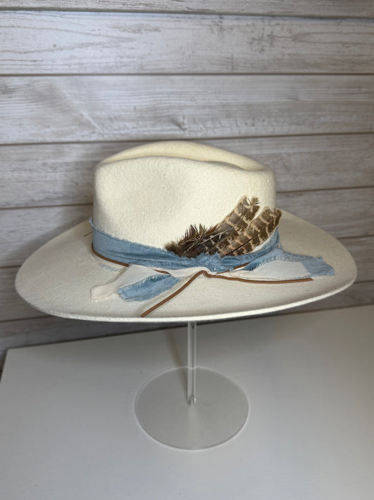 Ivory Flat Brim Hat With Floral Design