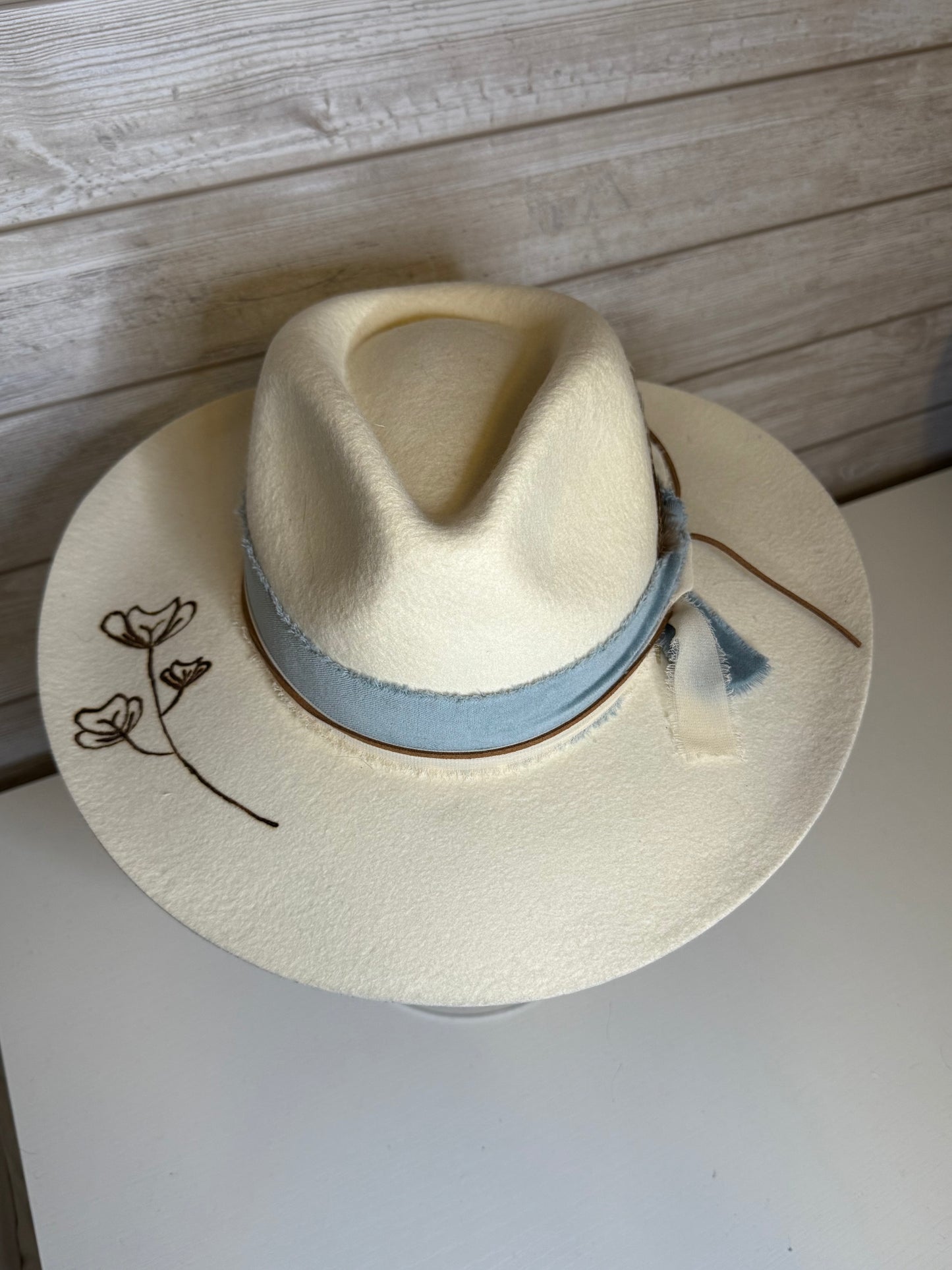 Ivory Flat Brim Hat With Floral Design