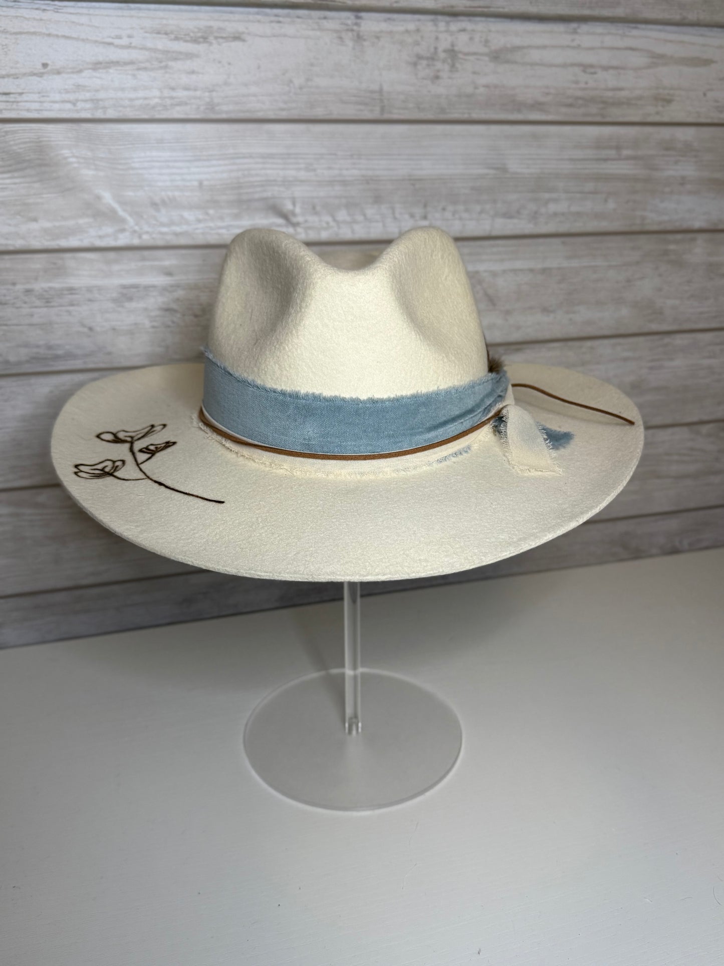 Ivory Flat Brim Hat With Floral Design